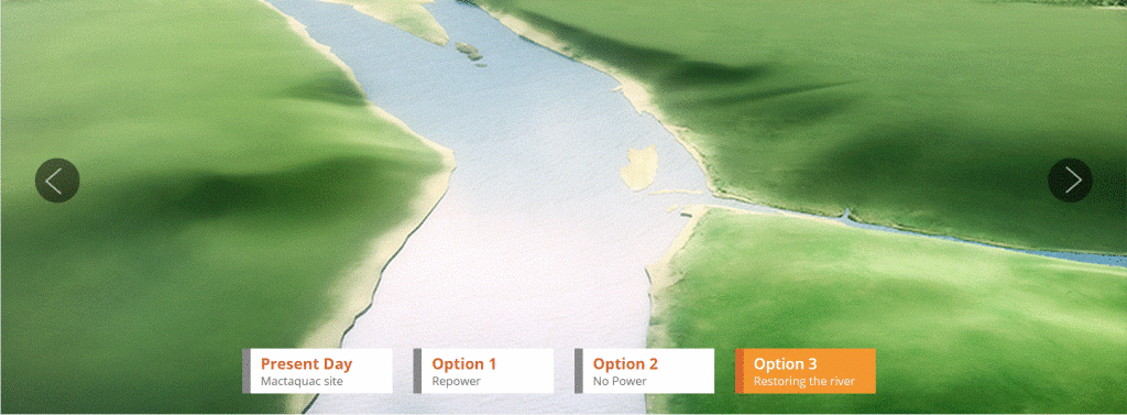 The option 3 (removal) landscape visualization appears to be a pre-settlement scenario (image NB Power, Mactaquac.ca).