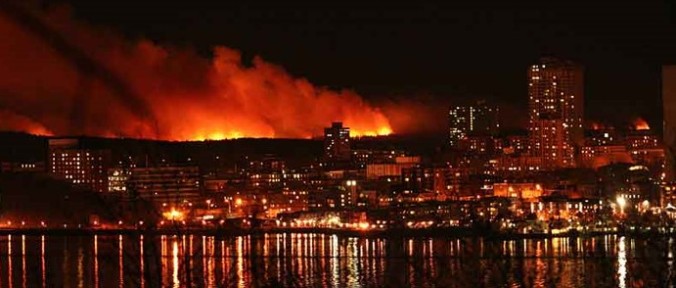 Fire in the peri-urban fringe of Halifax, Nova Scotia.