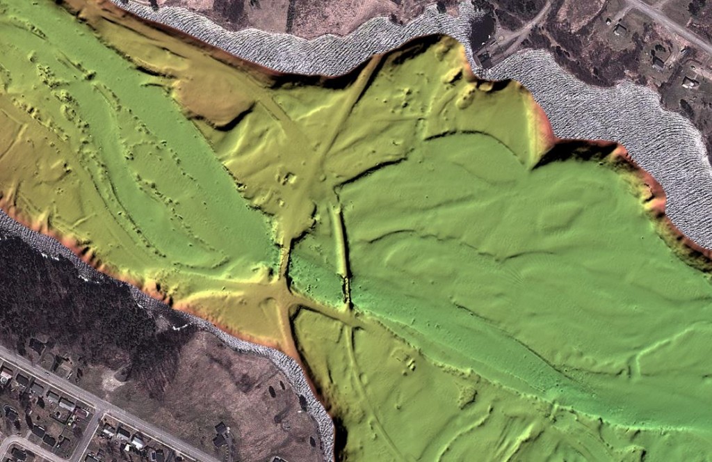 Bathymetry of the Mactaquac headpond, NB, by the Ocean Mapping Group at UNB, revealing the former townsite of Culliton, near Nackawic, including its road and rail bridges.