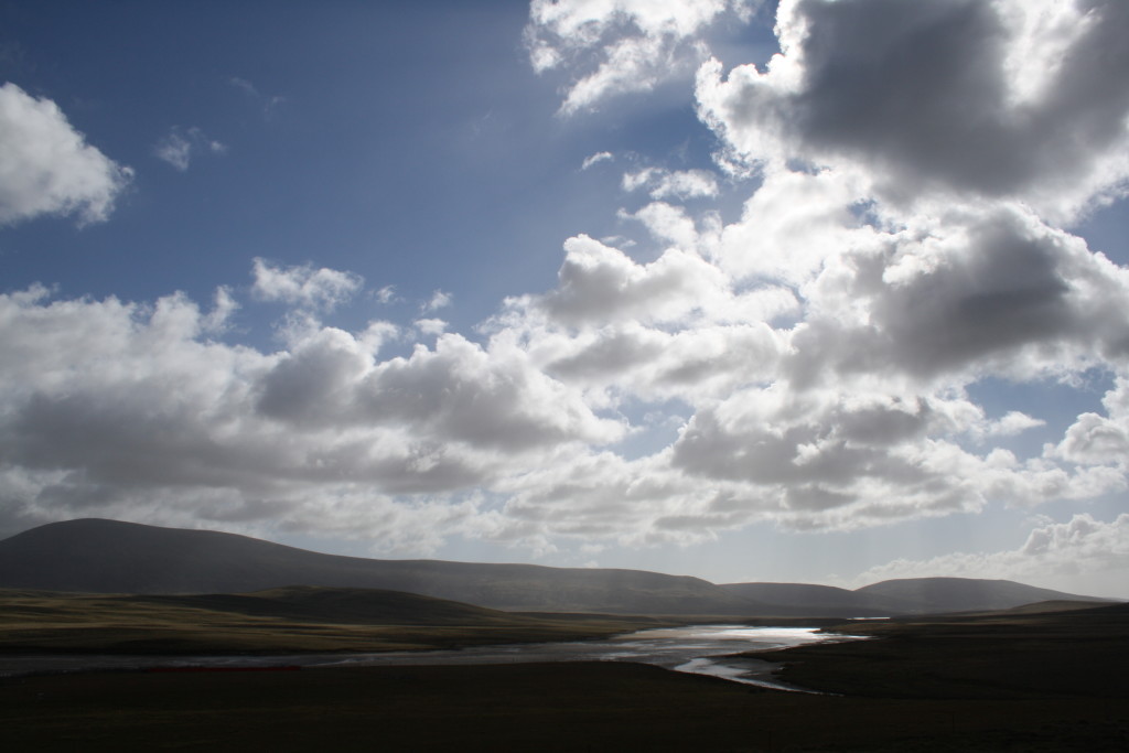 Late afternoon sun picks out a river course on West Falkland.