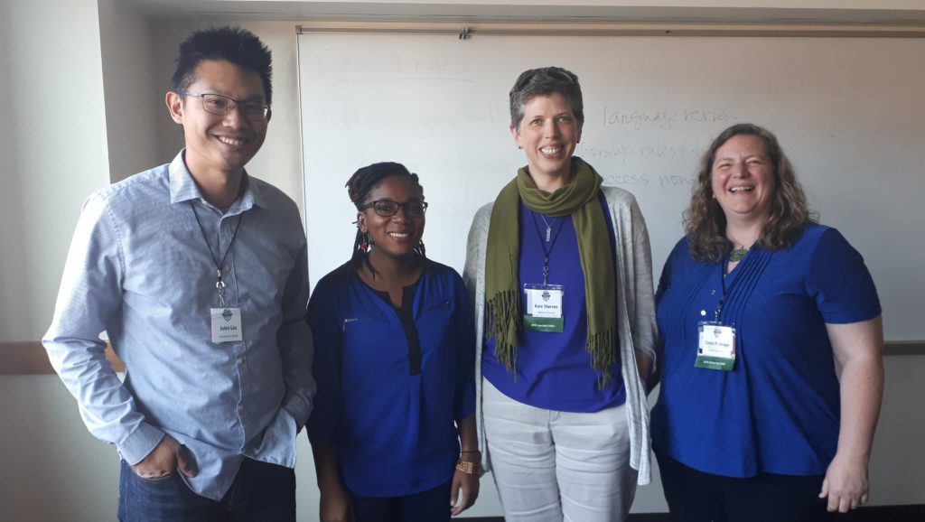 Our strangely colour-coordinated ISSRM panel on diversity in publishing, called 'Standing on the Shoulders of Sameness': John Chung-En Liu, Mysha Clarke, me and Linda Prokopy.