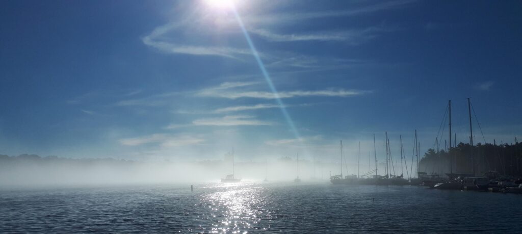 Morning walk along the arm, as fog retreats by the Armdale Yacht Club.
